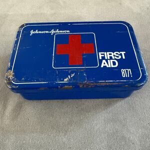 Vintage Johnson & Johnson Metal First Aid Box No. 8171 Blue Empty Storage Case